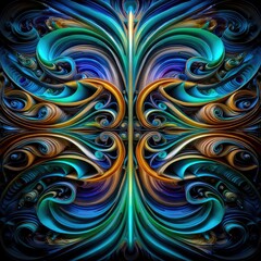 A symmetrical, ornate abstract pattern features swirling organic shapes in vibrant blues, teals, golds, and purples.