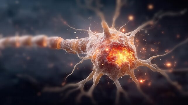 Stunning neuron cell with glowing synapse ready to spark innovation and inspire new ideas for medical breakthroughs and cutting-edge research projects