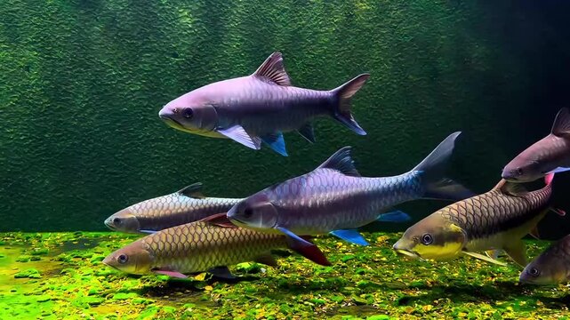 School of Colorful Asian Carp Fish (Mahseer, Tor Soro, Acrossocheilus) Swimming Together Over Green Riverbed Substrate in an Aquarium