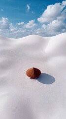An isolated, brown, dome-shaped structure sits on rolling white sand dunes, casting a shadow under a bright blue sky with scattered white clouds.