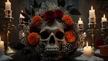 Decorative skull centerpiece surrounded by candles and flowers on a dark, ornate table setting for a themed event or celebration