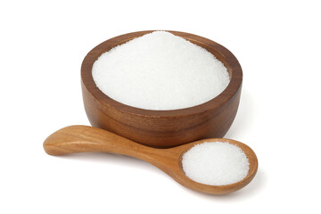 White granulated sugar in a wooden cup and white granulated sugar in a wooden spoon. isolated on white background.
