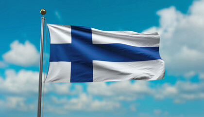 The flag of Finland waving gracefully against a vibrant blue sky with fluffy white clouds
