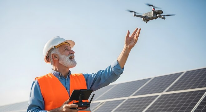 Elderly man in hard hat and safety vest operating drone near solar panels technology renewable energy