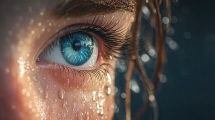 Captivating close-up of a stunning blue eye glistening with refreshing water droplets, evoking a sense of intense emotion and clarity.