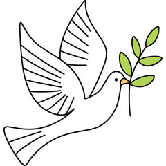 Simple white dove with green leaves in its beak flying with spread wings on a transparent background representing peace and hope