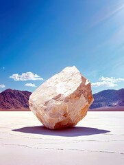 A large, light-colored boulder sits on a dry, cracked white desert surface, with rugged mountains in the background under a clear blue sky.