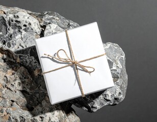 White gift box tied atop porous rock, soft shadow