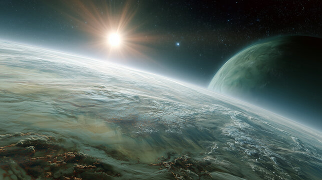 Cinematic View of an Alien Planet from Orbit with Rising Star