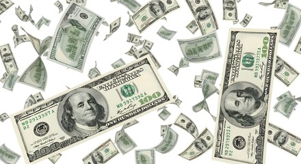 One hundred dollar bills raining down on a white background money US dollar