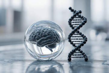 Scientific representation of a human brain inside a glass sphere next to a black dna double helix structure symbolizing the connection between genetics and neuroscie