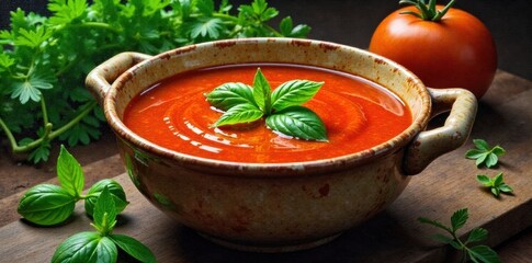A nourishing tomato soup crafted with fresh ingredients, served steaming hot in a rustic bowl, inviting warmth. A close up, overhead shot of a rustic ceramic bowl filled with rich, vibrant red tomato