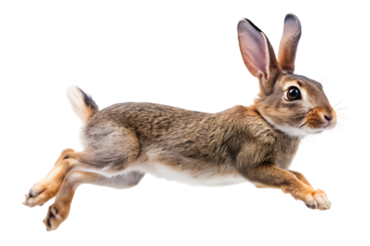 Running brown rabbit isolated on transparent background