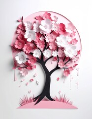 Paper art Cherry tree with pink flowers, white background