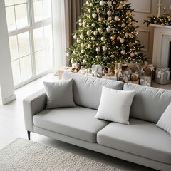 Modern living room interior with a comfortable grey sofa and a decorated Christmas tree with gifts.