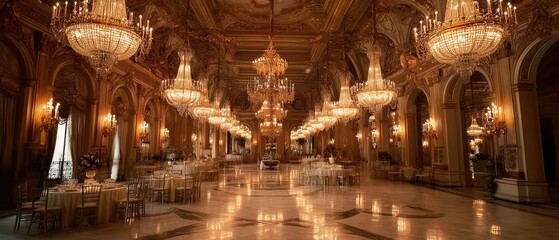 Elegant ballroom interior with chandeliers