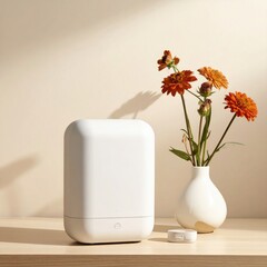 White box with flowers by vase on shelf, light hues