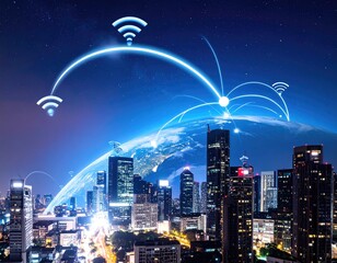Cityscape with global connection lines and wifi signals