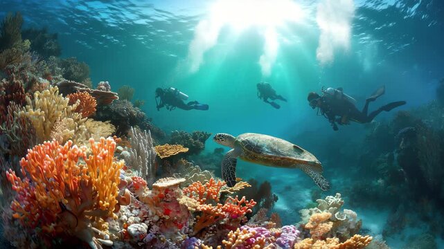 Dynamic underwater scene with divers and a graceful sea turtle swimming near coral reef, 4K