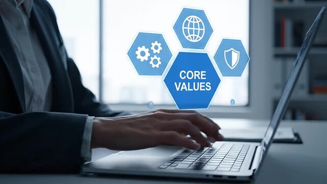 Business woman working on laptop with Core Values infographic