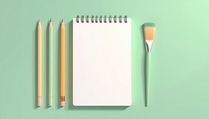 Tools for creation notebook, pencils, and paintbrush