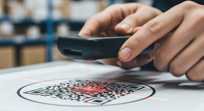 Close up of a person scanning a qr code with a barcode scanner in a warehouse or factory for inventory management and tracking - Powered by Adobe
