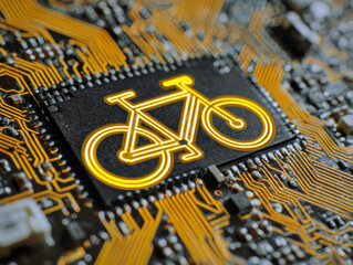 Digital concept of technology and transportation featuring a glowing bicycle icon integrated within intricate electronic circuit board pathways and components