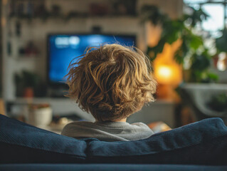 Young person relaxing on a couch watching a television in a cozy living room with warm ambient lighting and indoor plants in the background