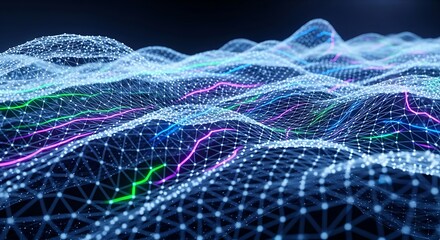 Abstract digital landscape of interconnected data points and flowing energy lines