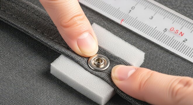Closeup of fingers pressing a metal snap fastener on a gray fabric with a ruler, testing the strength and durability of the closure mechanism