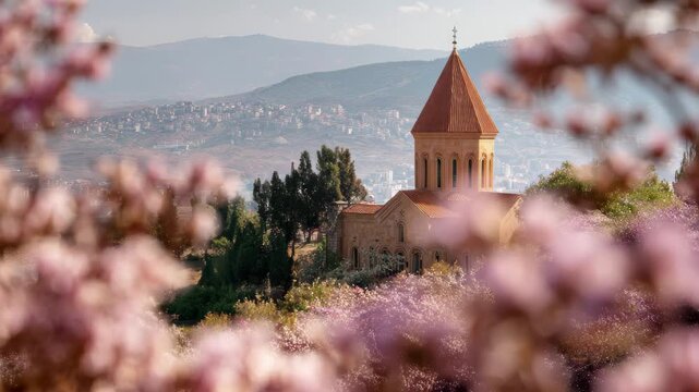 Spring blossoms frame an ancient church with city and mountain views in the background, 4K
