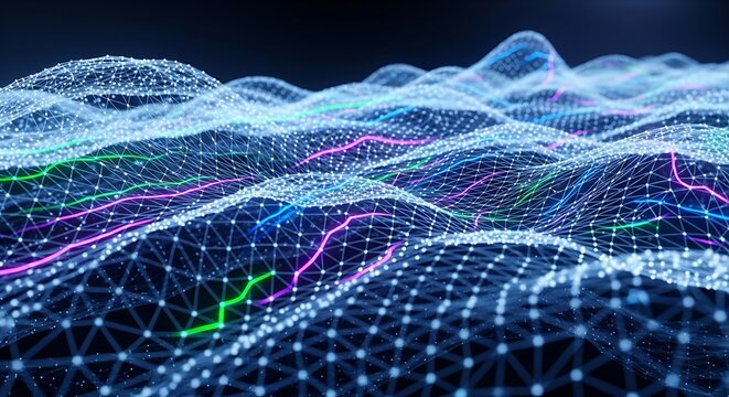 Abstract digital landscape of interconnected data points and flowing energy lines