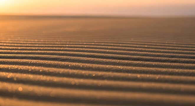 Golden ripples of sand dunes under a soft sunset sky