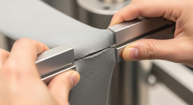 Closeup of textile material being tested for strength and durability, held by metal clamps in a laboratory setting, focusing on fabric tension