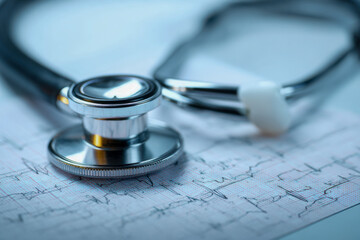 Medical stethoscope resting on heart rate monitor printout symbolizing healthcare diagnostics and cardiovascular examination concepts in a clinical setting