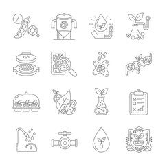 Explore sustainable agriculture and innovative farming practices with these modern line icons demonstrating the technology and science behind plant growth and environmental solutions