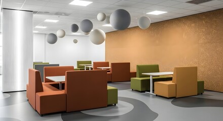 Modern Office Break Room with Booth Seating, Acoustic Panels, and Contemporary Design for Coworking and Collaboration Spaces