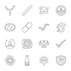 Modern line icons representing probiotics, including beneficial bacteria, healthy digestion, gut flora, and immune support for wellness and nutritional supplements