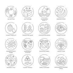 Harmful pathogen icons symbolizing contamination and sanitation risks in diverse environments, ideal for safety awareness campaigns and educational materials, originally a vector