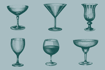 Vintage isolated glass set for creative design. Modern halftone collage Martini, Margarita, Wine, Champagne, Hurricane. Vector illustration. Eps 10