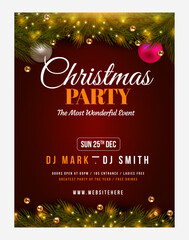 Merry christmas and holiday season party flyer happy new year greetings card with decorated christmas background