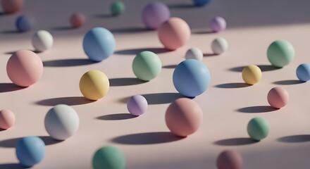 Softly lit easter eggs in pastel colors scattered on a light pink surface