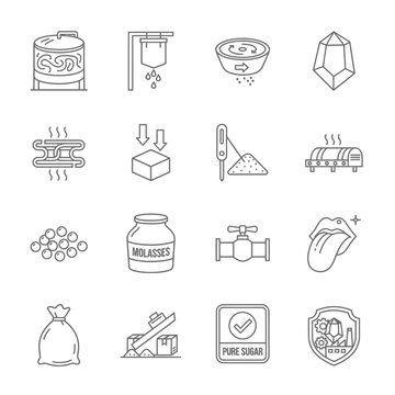 Sugar production process icons, from raw material to sweet delight, perfect for illustrating food science, manufacturing, or healthy eating education, a modern and scalable design