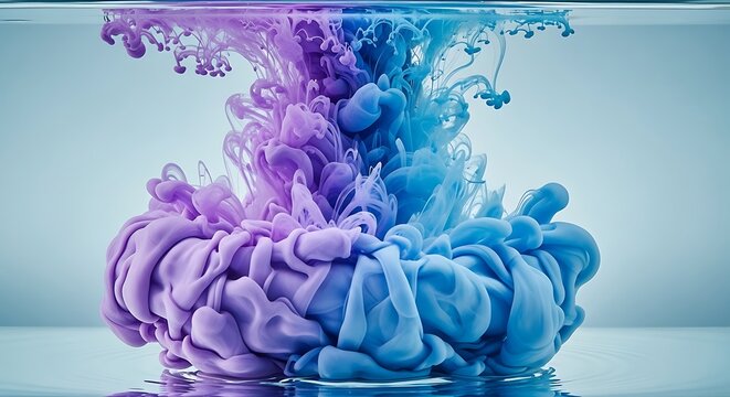 Vibrant purple and blue ink clouds swirling and blooming in clear water