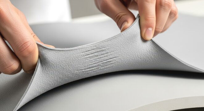 Close up of a hand stretching a piece of gray material to test its elasticity and durability for product development and manufacturing