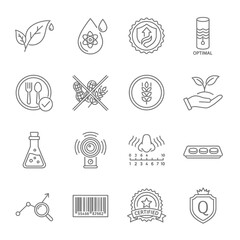 Collection of food and product safety assurance icons for packaging and labels, showcasing quality, purity, and allergen-free guarantees for health-conscious consumers