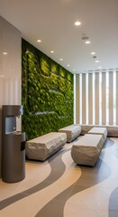 Modern Office Lobby with Moss Wall, Stone Benches, and Water Dispenser. Sustainable Design and Biophilic Interior Architecture.