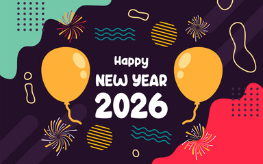 Happy New Year 2026 Celebration Illustration with Balloons and Party Elements