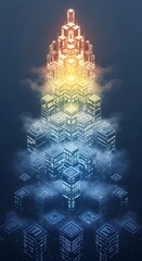 Futuristic Cityscape: Isometric Digital Buildings with Glowing Lights and Clouds. Technology and Innovation Concept.