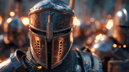 Medieval warrior wearing detailed battle-worn helmet and armor standing amid a group of soldiers with glowing embers in a dramatic, fiery battlefield setting